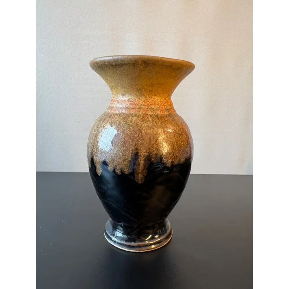 Signed Art Pottery Vase Tenmoku Black Ash Tan Baluster Dated 2009 Stoneware